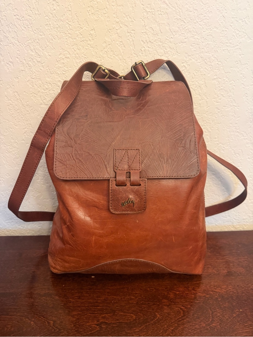 Velez Cattle Leather Backpack Embossed Flap English Tan Distressed Top Handle Lg